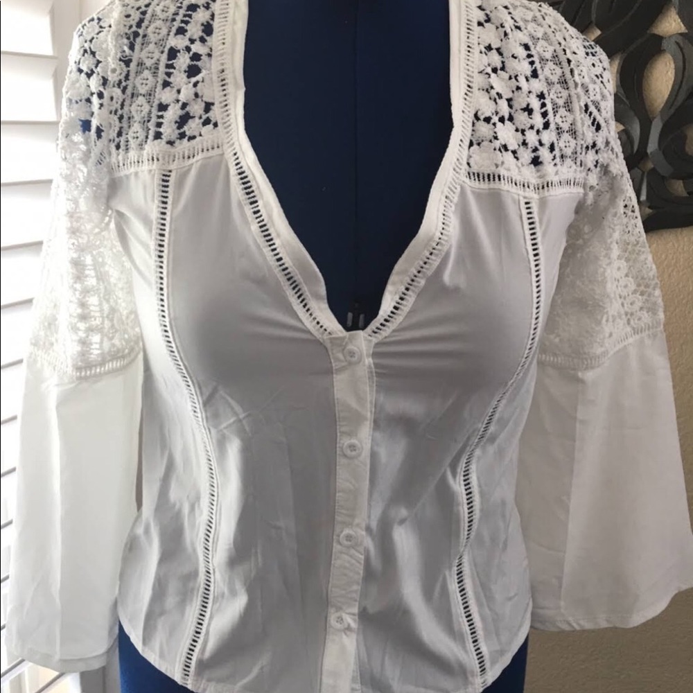 Hollow Out Lace Splicing Flare Sleeve Blouse